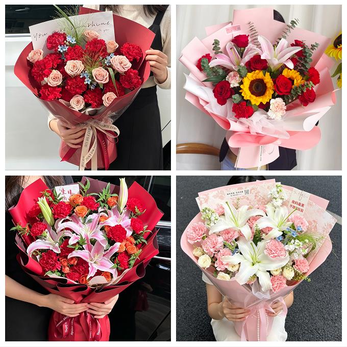 送上海市青浦区重固镇白鹤镇同城鲜花店送康乃馨百合长辈生日花束