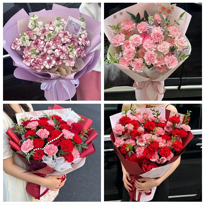 包头白云鄂博矿九原区固阳县同城鲜花店送康乃馨百合长辈生日花束