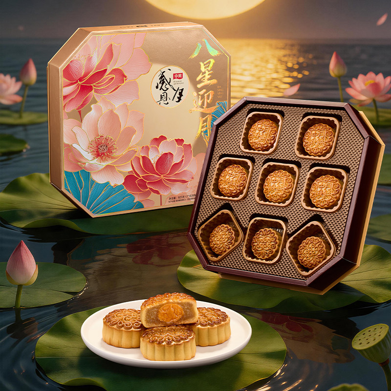 华美月饼礼盒装广式月饼蛋黄白莲蓉月饼糕点中秋节福利礼品送礼