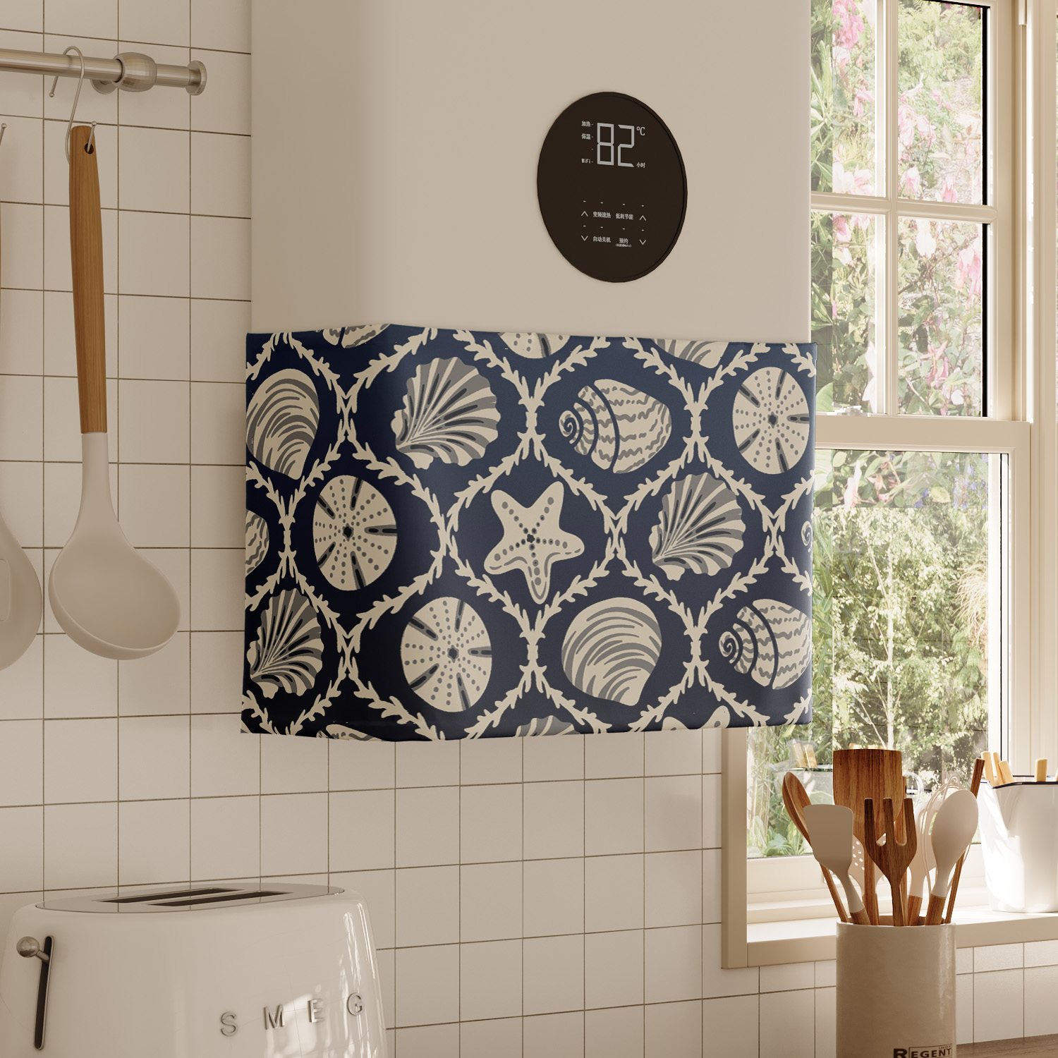 海洋贝壳水器遮挡帘罩布水管遮丑帘布厨房燃气炉装饰帘魔术