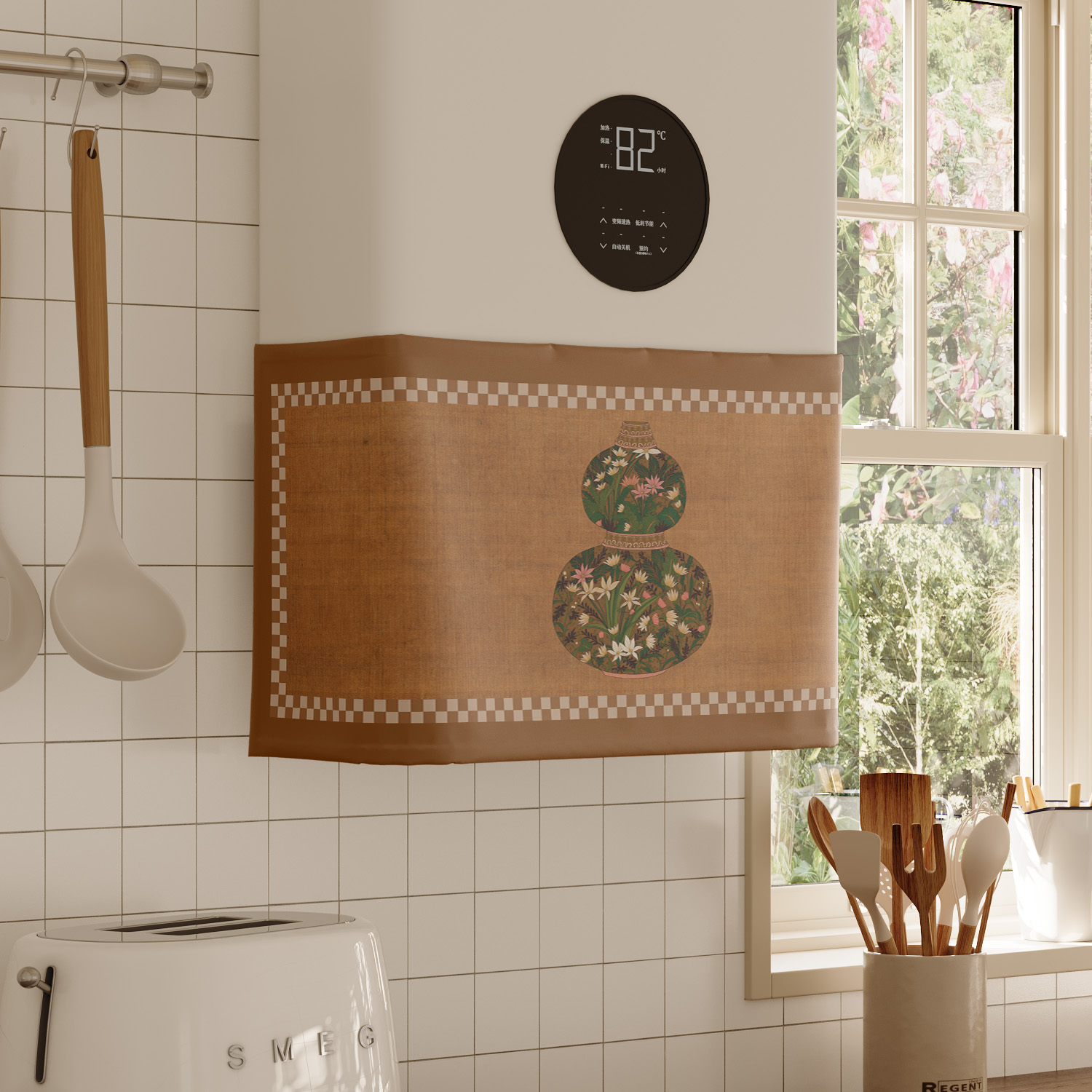 古典复古风热水器遮挡帘罩布水管遮丑帘布厨房燃气炉装饰帘魔术