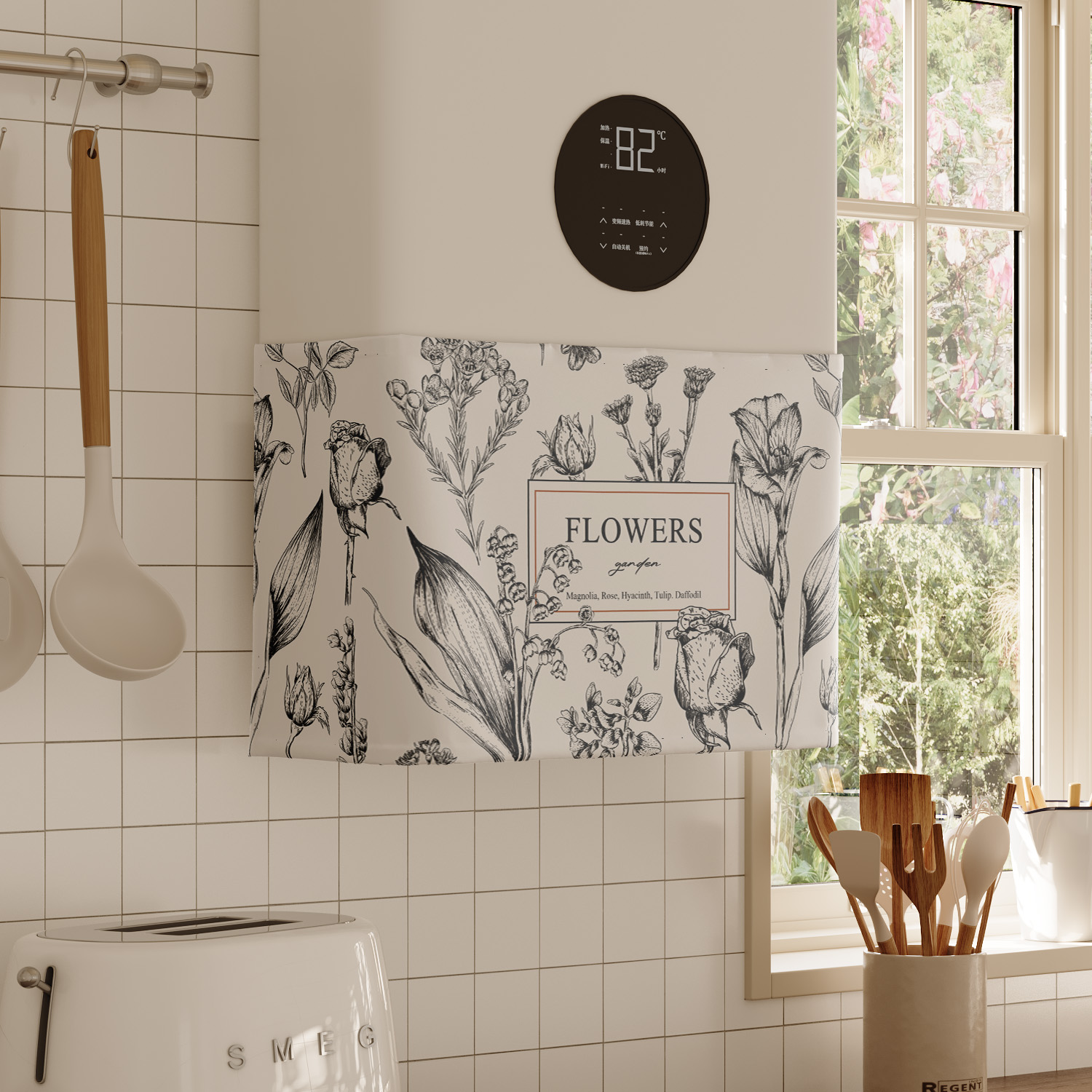 美式植物热水器遮挡帘罩布水管遮丑帘厨房燃气炉装饰魔术贴帘