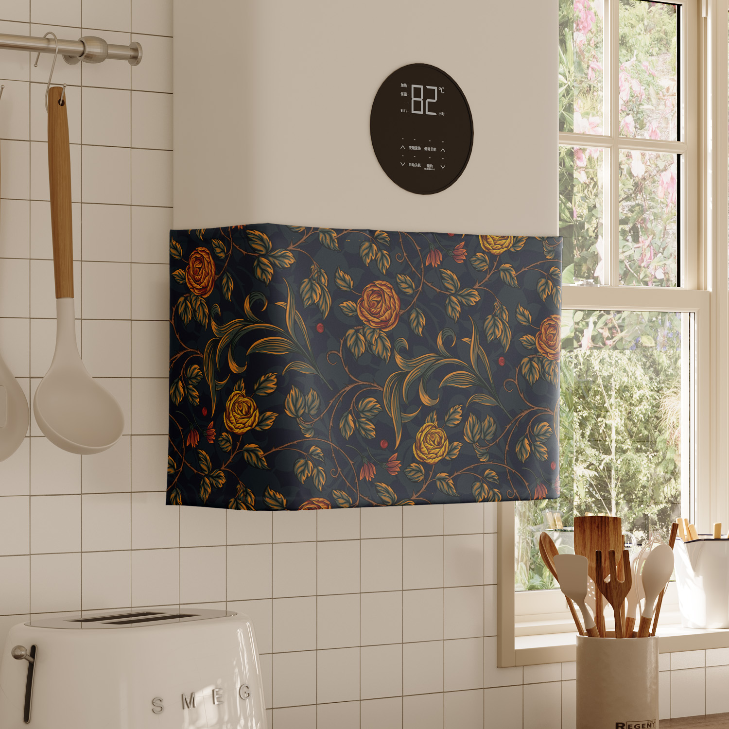 美式复古花纹热水器遮挡帘罩布水管遮丑帘布厨房燃气炉魔术贴帘