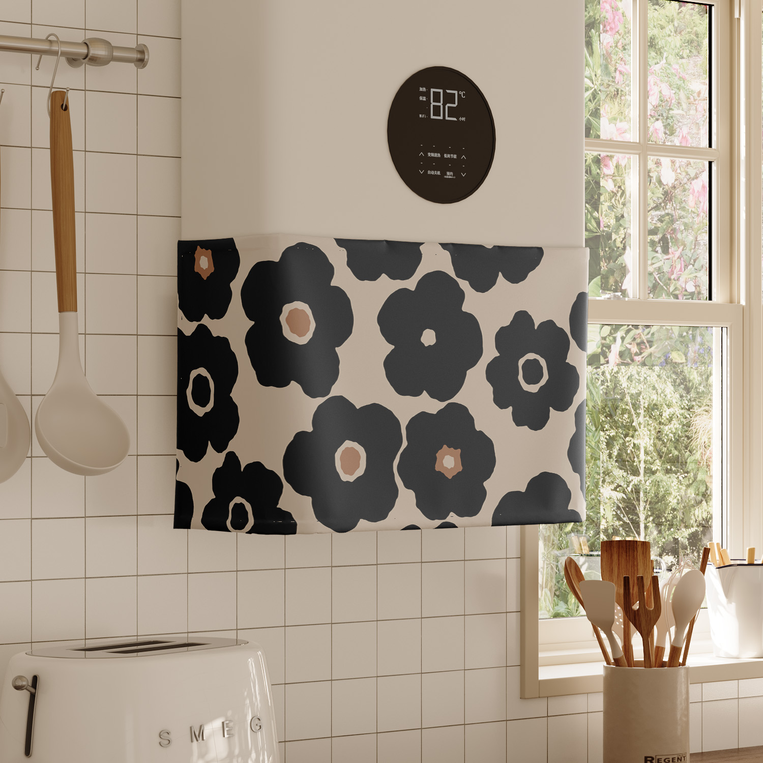 黑白奶油风抽象热水器遮挡帘罩布水管遮丑帘布厨房燃气炉装饰帘