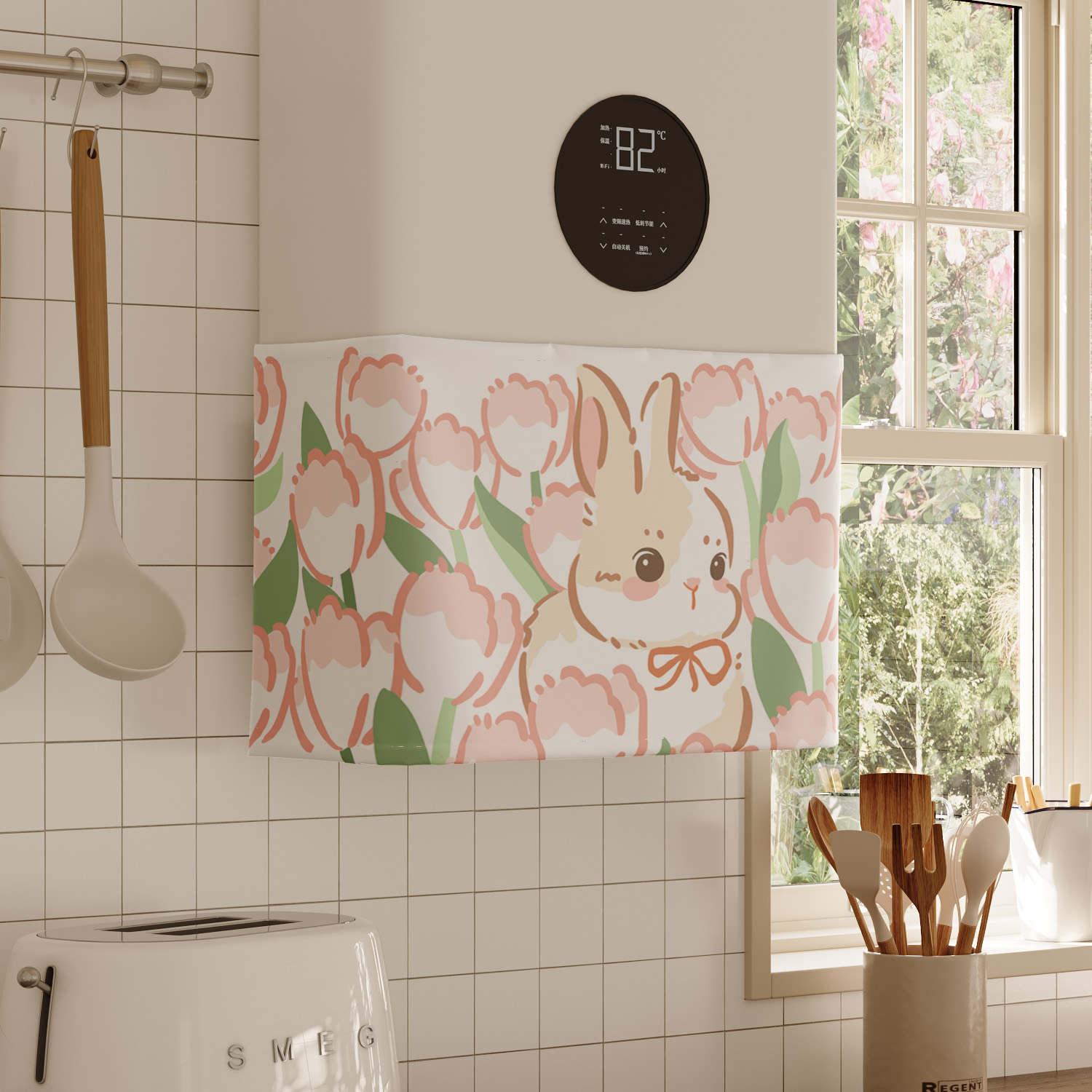 ins可爱萌兔热水器遮挡帘罩布水管遮丑帘布厨房燃气炉魔术贴帘