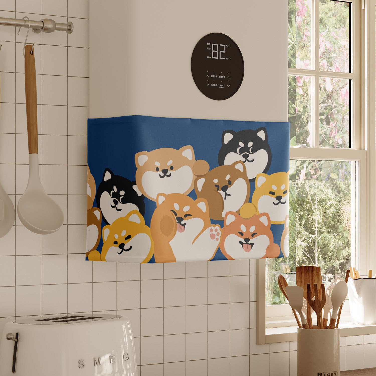 可爱柴犬热水器遮挡帘罩布水管遮丑帘布厨房燃气炉装饰帘魔术