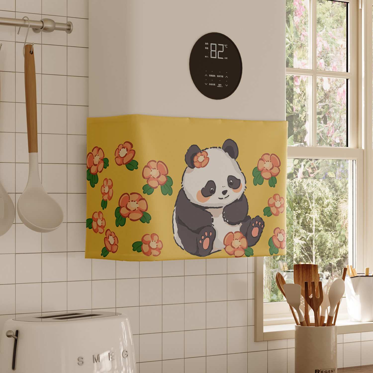 大熊猫花花热水器遮挡帘罩布水管遮丑帘布厨房燃气炉装饰帘魔术