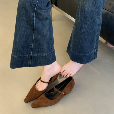 法式绒面豹纹尖头粗跟单鞋