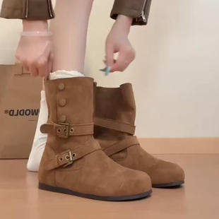两穿棕色靴子美拉德风厚底短靴女秋季 内增高勃肯靴百搭骑士靴 新款