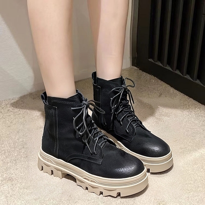 香港正品头层牛皮2025新款春秋季厚底软底真皮马丁靴女鞋靴子厚底