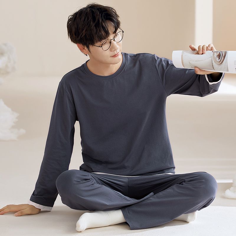 长袖纯棉睡衣春秋季男套装家居服青年秋季纯棉加厚套头