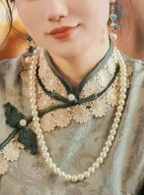 妈妈毛衣链配旗袍珍珠项链