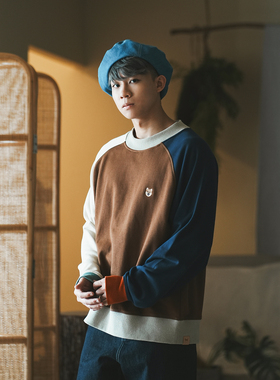 adlib香港 日系复古柴犬绣花圆领卫衣 P仔牛角袖拼色卫衣 SW403