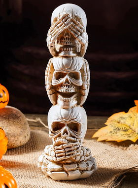 跨境万圣节连体骷髅头树脂摆件 鬼节恐怖装饰骷髅头桌面摆设道具