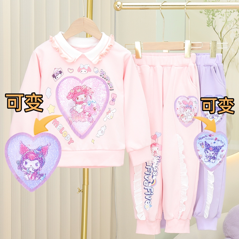 春秋新款女童时尚运动中大童卫衣两件套女孩卡通洋气百搭卫衣套装