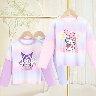 2025秋季新款女童长袖t恤时尚上衣女宝宝洋气假两件春秋款打底衫