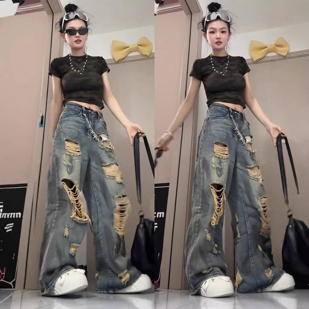 美式复古乞丐破洞牛仔裤女春季大码胖mm裤子松弛感阔腿拖地长裤