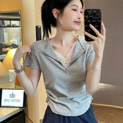 2026夏季新款设计修身蕾丝花边拼接减龄短袖T恤女收腰短款上衣潮