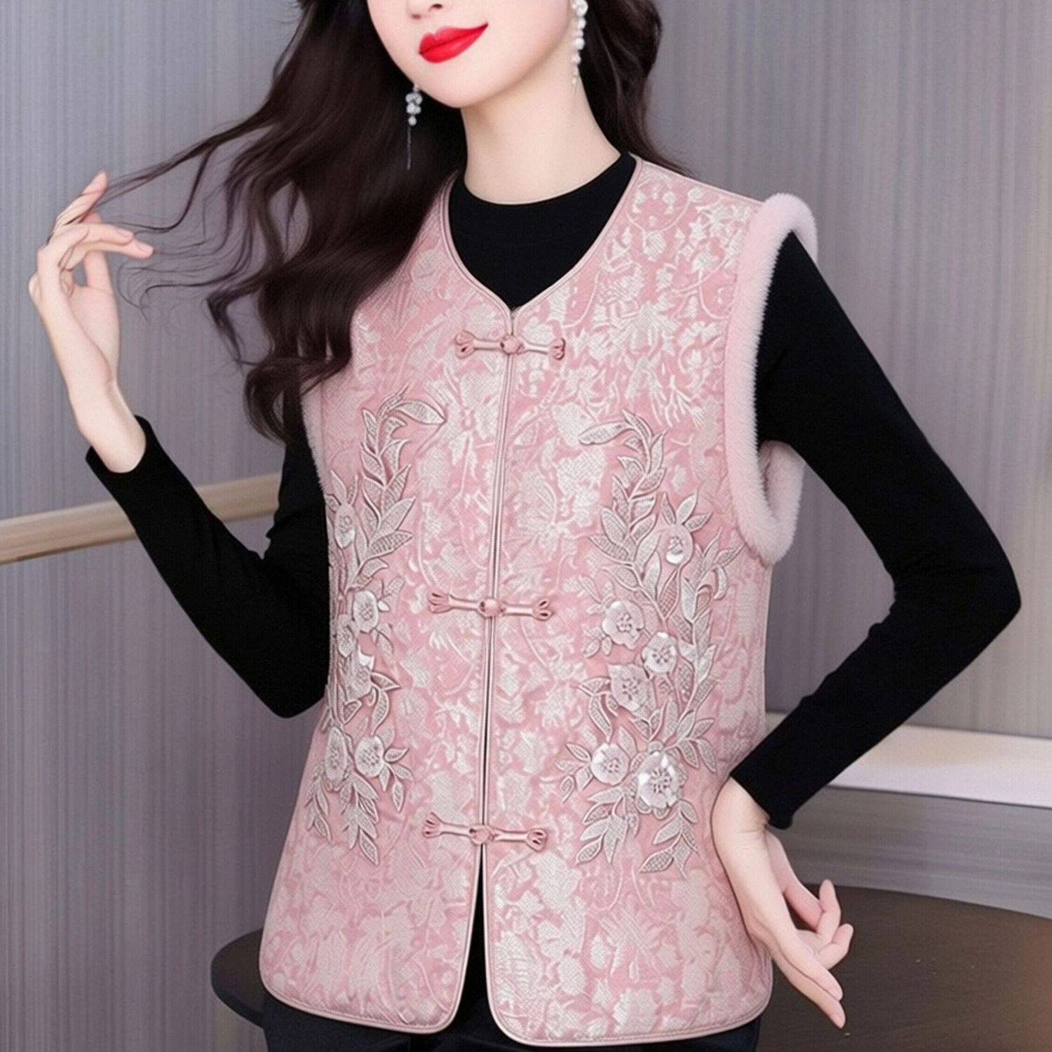 夹棉国风新中式马甲富婆女装阔太太减龄粉色坎肩保暖内搭新年上衣