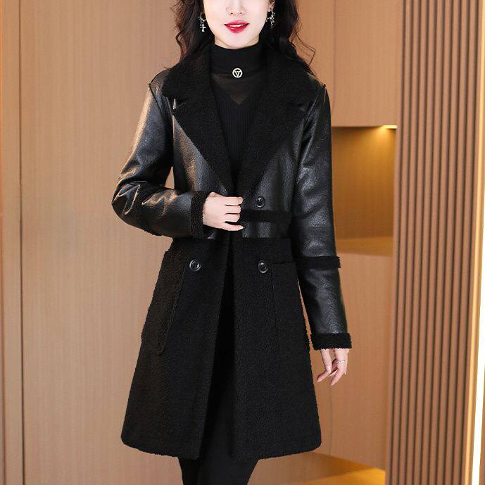 皮毛一体毛呢外套女秋冬美拉德高端仿羊羔毛颗粒绒中长款厚大衣女