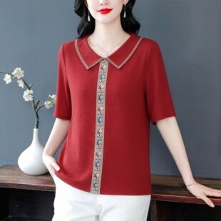 外穿打底衫短袖妈妈装夏季新款民族风小衫复古红色上衣国风衬衫女