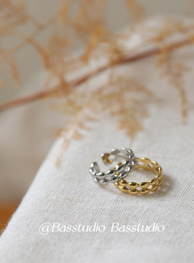 Basstudio 复古风文艺米花珠椭圆波珠双层宽版开口戒指 钛钢镀金