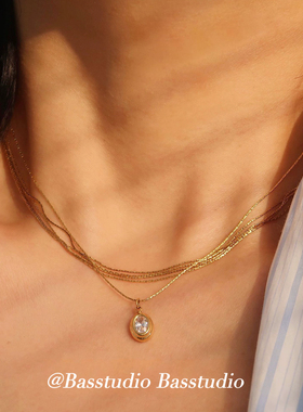 Basstudio中古风锆石项链椭圆吊坠复古高级感钛钢镀18k金锁骨链