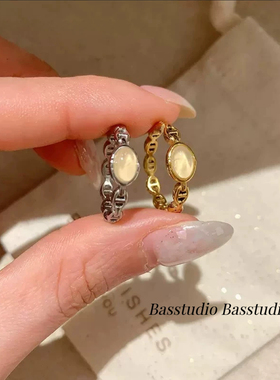Basstudio猪鼻子月光石戒指女小众设计轻奢高级感气质百搭食指戒