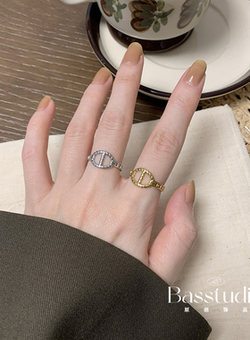 Basstudio欧美锁链麻花猪鼻子旦形开口戒指可调节戒指钛钢食指戒