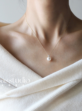 Basstudio王妃法式经典高级感百搭珍珠吊坠项链钛钢镀金灰色珍珠