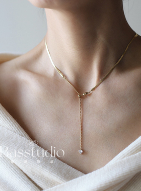 Basstudio 法式优雅气质金色蛇骨刀片链调节Y字形项链锁骨链 钛钢