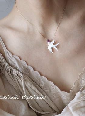 Basstudio 新中式天然飞燕白贝母白鸽红玛瑙紫水晶项链锁骨链钛钢