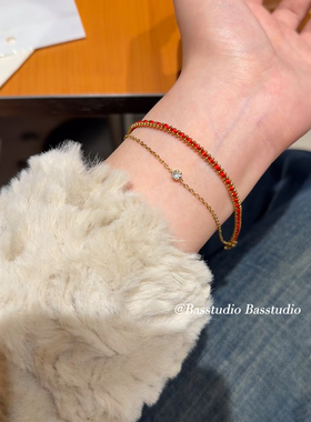 Basstudio 红绳手链单钻女款本命年编织新年礼物双层情侣钛钢首饰