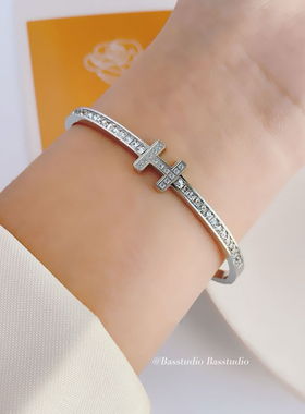 Basstudio 欧美简约钛钢手镯女H镶钻18k金色气质高级感手环网红潮