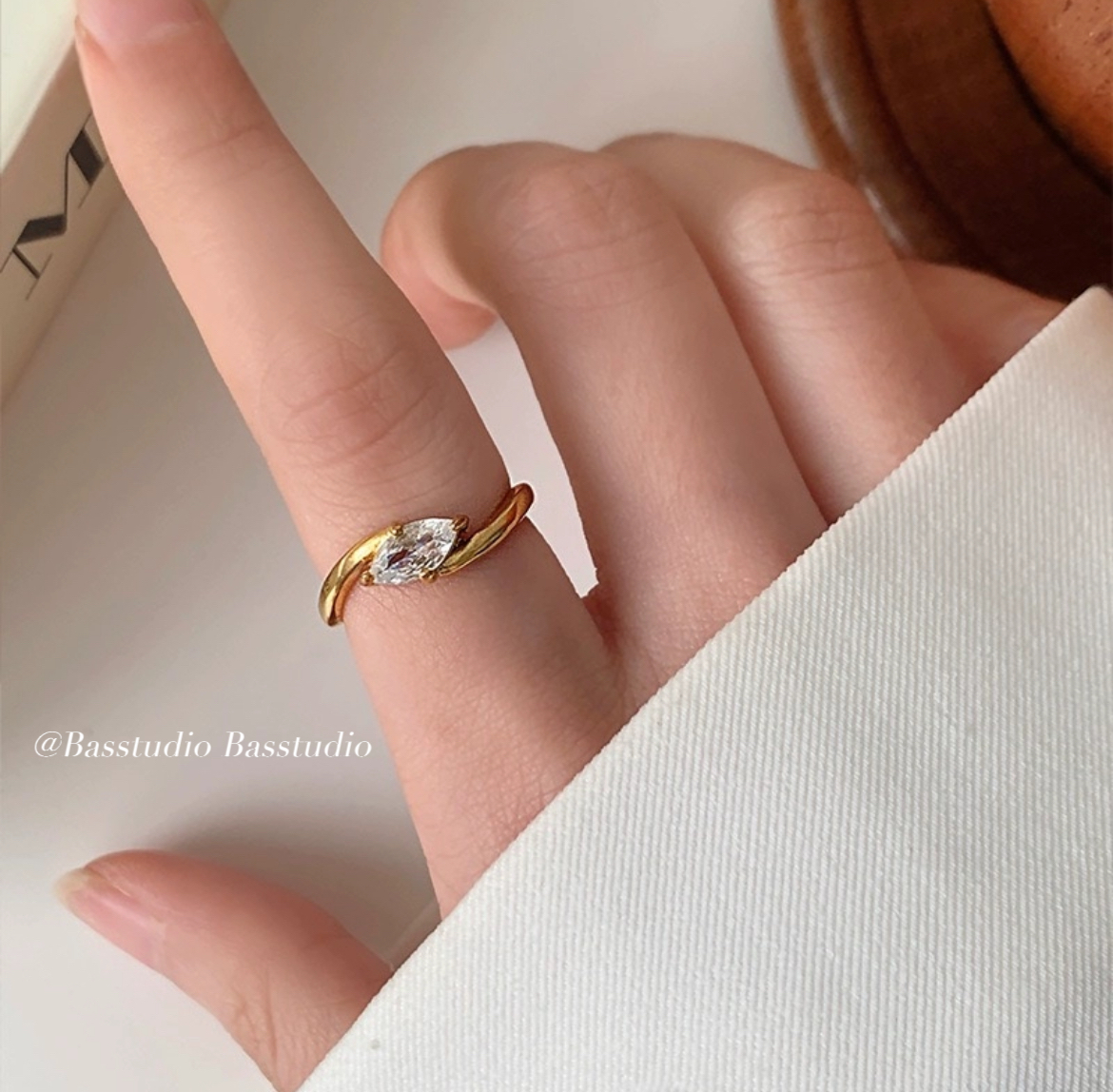 Basstudio中古vintage马眼锆石波浪素圈戒指女小众设计高级感精致