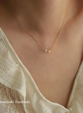 Basstudio小众淡水珍珠小海豚迷你鲸鱼超细项链锁骨链钛钢镀18K金