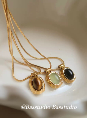 Bas小众黑玛瑙项链明星同款天然石东陵玉虎眼石吊坠钛钢复古简约