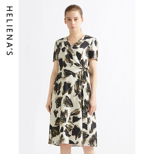 海兰丝官方店商场同款法式连衣裙气质百搭缎面印花简单髦包臀裙