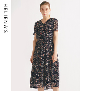 海兰丝法式复古连衣裙 收腰显瘦泡泡袖设计感黑裙印花碎花裙