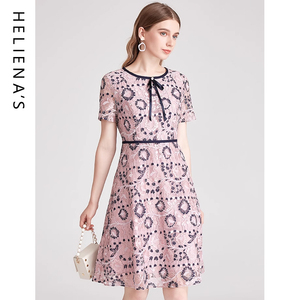 海兰丝海HOT推荐新款时尚气质收腰A字裙淑女人味粉色蕾丝连衣裙