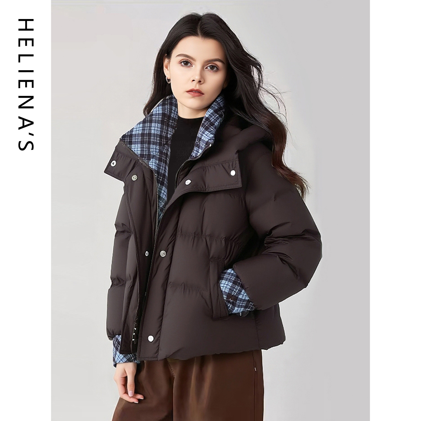 海兰丝拼接撞色羽绒服短款