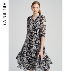 海兰丝印花连衣裙法式秋季长裙复古碎花裙子女新款连衣裙