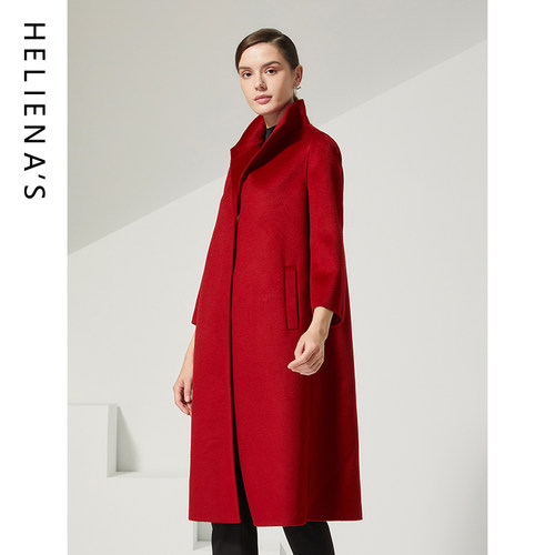 海兰丝红色羊毛中长款大衣