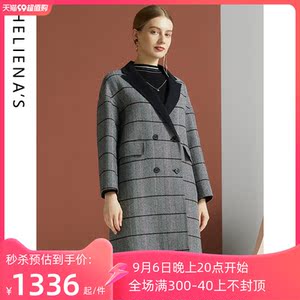 海兰丝2022秋冬新款商场同款中长款西装领人字纹外套羊毛大衣女