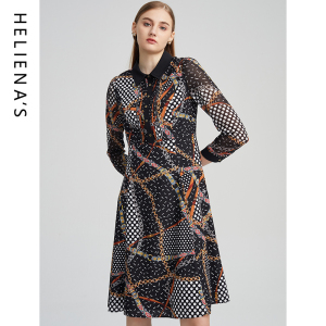 海兰丝印花连衣裙法式v领优雅裙子2024年秋季新款收腰显瘦连衣裙