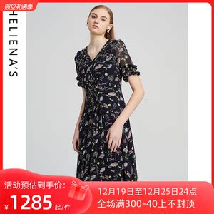 海兰丝法式印花连衣裙复古碎花裙气质收腰设计感裙子秋季新款裙子