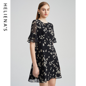 海兰丝秋季显瘦碎花连衣裙 法式桔梗茶歇印花裙23年新款长裙女士