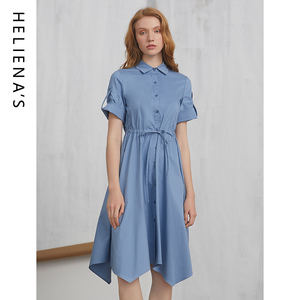 海兰丝奢睿夏新款商场同款兰色卷袖松紧腰不规则下摆连衣裙职业女