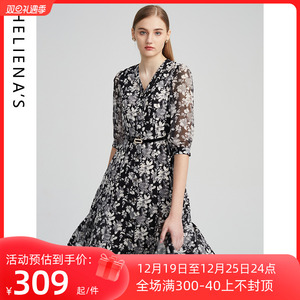 海兰丝印花连衣裙法式秋季长裙复古碎花裙子女2023秋新款连衣裙