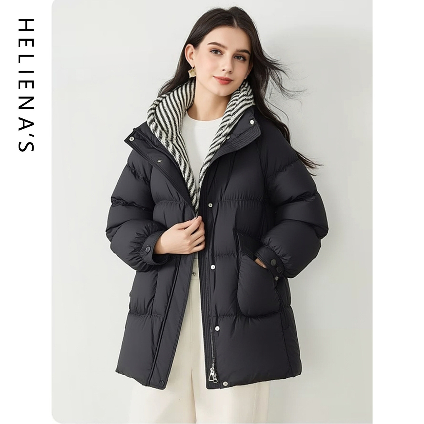 海兰丝高级感连帽羽绒服女中长款黑色条纹内衬保暖显高外套